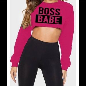 Boss Babe Pink and Black Long Sleeve Crop Top loose Fit Size Large